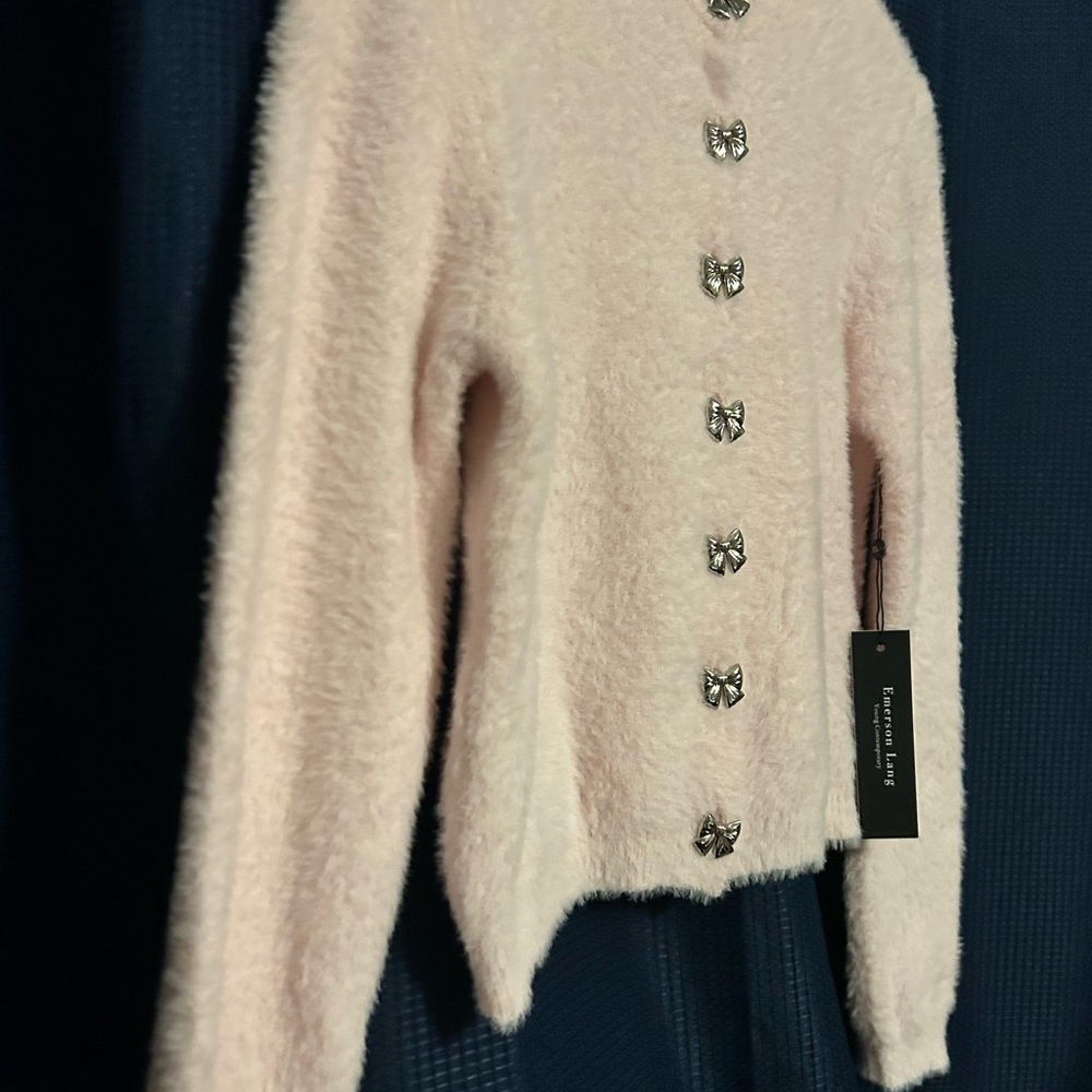 Emerson Lang Size Medium Pink Fuzzy‎ Eyelash Knit Bow Button Cardigan Sweater